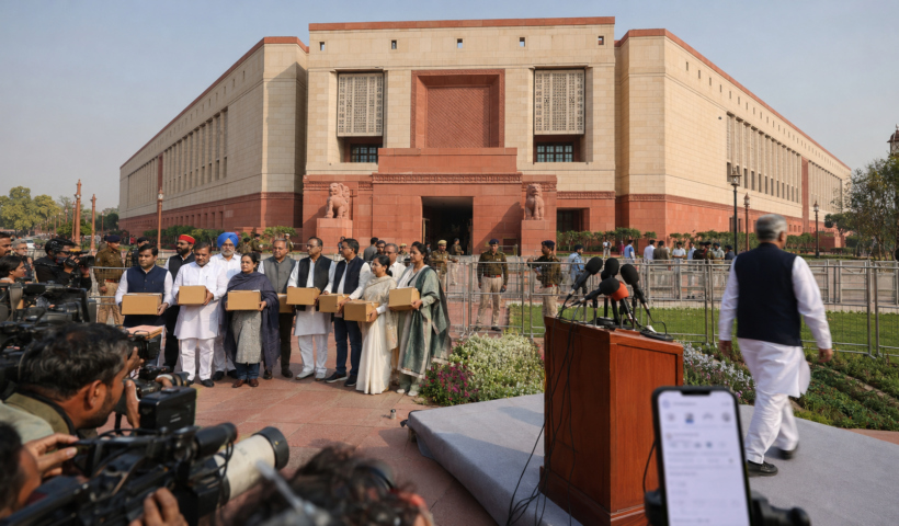 संसद परिसर में विपक्ष का प्रदर्शन और BJP प्रवक्ता के कथित इस्तीफे का प्रतीकात्मक दृश्य